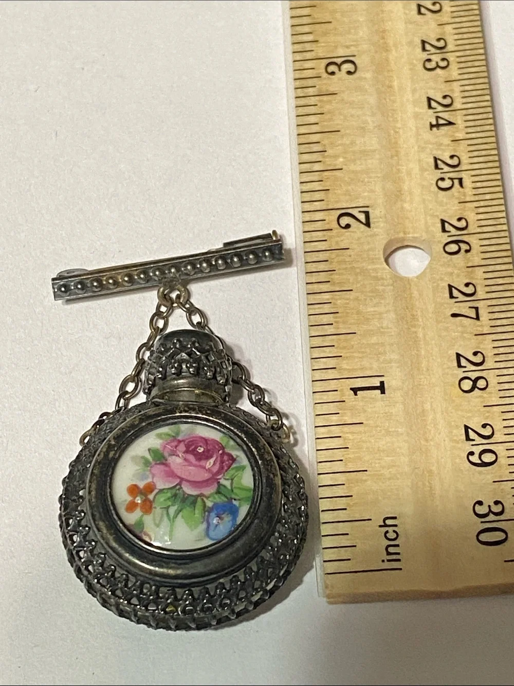 PRETTY Vintage Limoges Silver tone floral Filigree Perfume Bottle bar Pin Brooch